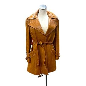 Vintage Brown Ski Gear Leather Trench Coat Short Modern